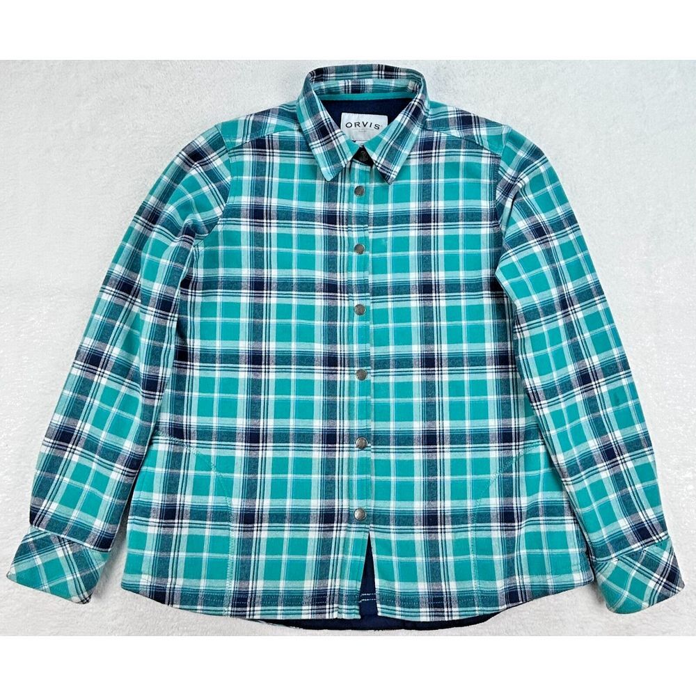 Orvis Green Teal Plaid Shacket Sweater Women‎ M Cottage Core Fleece Lined